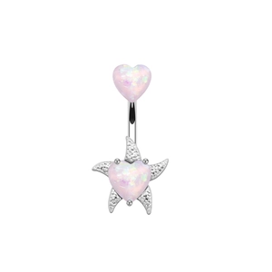 Detail view of heart opal belly ring with starfish base and pink purple gemstone