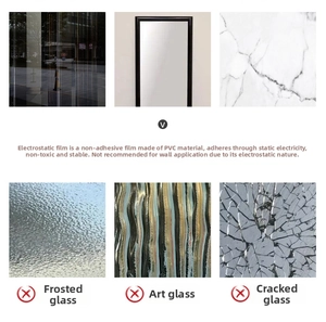 Detail showing PVC electrostatic sticker application on smooth vs frosted glass surfaces