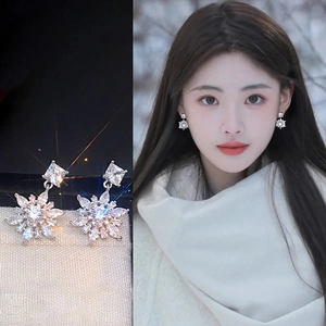 Snowflake Pendant Earrings With Silver Earring Post Zircon Copper 14K Gold Plated Winter Fashion Jewelry For Women