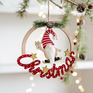 Wooden Christmas hanging ornament featuring a skiing gnome inside a round frame