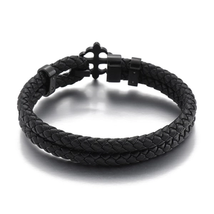 Men's double-layered black woven leather bracelet with a creative cross buckle design