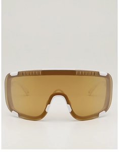 Front view of white sports ski goggles with amber translucent lenses and impact resistance