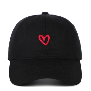 Classic black baseball cap featuring a delicate red heart embroidery on the front center
