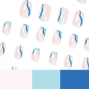 Faux ongles vagues bleu et rose de longueur moyenne avec finition brillante