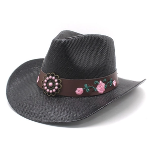 Western Cowboy Straw Hat With Floral Embroidery Ethnic Style Sun Protection Wide Brim Outdoor Beach Hat For Men Women