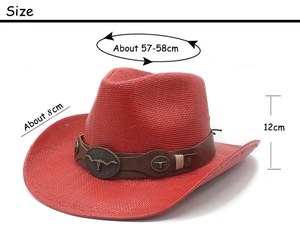 Detaillierte Größentabelle mit Maßen des roten Stroh-Cowboyhuts mit Bullen-Emblem für Damen