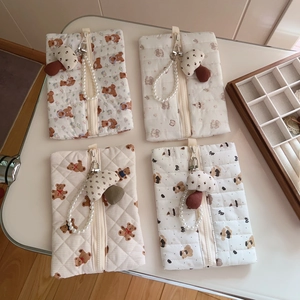 Vintage Bear Quilted Cotton Handbag With Artificial Pearl Handle And Mushroom Charm Korean Style Phone Pouch Cosmetic Bag For Women