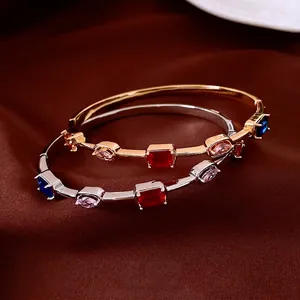 Vintage Palace Style Bangle Bracelet Copper 18K Gold Plated Inlaid Colorful Rhinestones Geometric Hinged Jewelry For Women