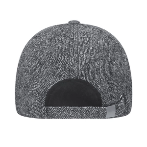 Rear view of grey herringbone winter cap with adjustable strap and metal ring detail