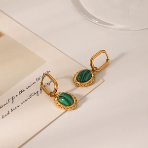 French vintage style stainless steel earrings with oval malachite in gold finish