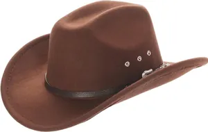 Detail of dark brown wool cowboy hat featuring a leather strap and vintage metal buckles