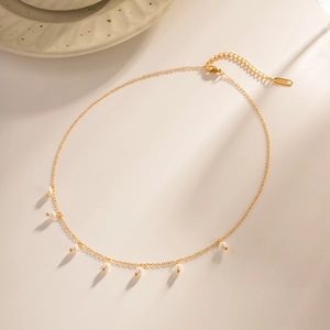 18K gold plated stainless steel necklace with small white pearls and gold bead pendants