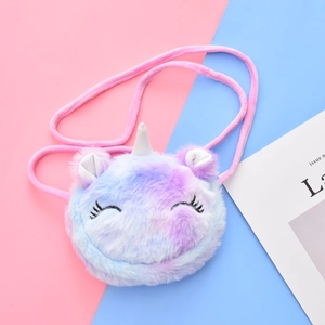 Plush unicorn crossbody bag with pink purple blue gradient and embroidery for children