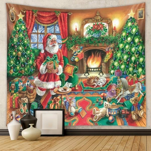 Weihnachtswandteppich mit Weihnachtsmann am Kamin und Festbäumen für die Wanddekoration