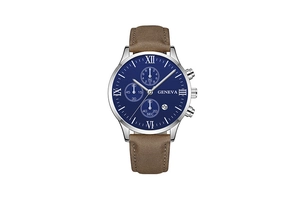 Detail of blue dial with Roman numerals, date window and brown leather strap on watch