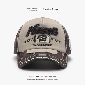 Hawaii Letter Embroidery Baseball Cap Distressed Frayed Edge Pure Cotton Adjustable Patchwork Retro Unisex Sun Hat