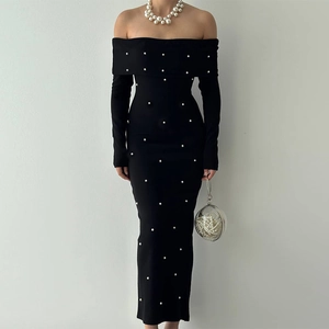 Robe Maxi Épaules Dénudées Tricotée Brodée De Künstliche Perles Manches Longues Moulante Soirée Fente Élégante Formelle Pour Femmes