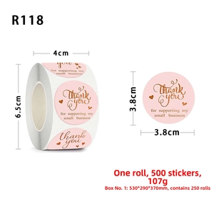 Macro detail of 3.8cm pink and gold thank you stickers with 500 labels per roll