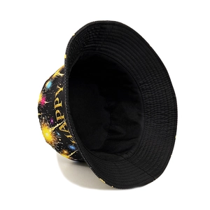 Retro Happy New Year fisherman hat with colorful fireworks print and gold happy lettering