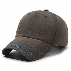 Vintage dark brown washed cotton baseball cap with 3D embroidery and curved brim
