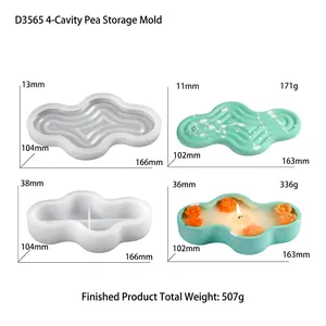 Detailed four-grid view showing silicone pea pod storage molds and plaster candle samples