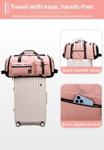 Pink travel bag with back sleeve for suitcase handles and a rear zipper pocket
