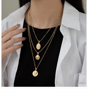 Three-layer 18K gold plated titanium steel necklace with vintage coin and portrait pendants
