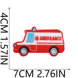 Detailed view of ambulance embroidery patch with dimensions showing 4cm by 7cm