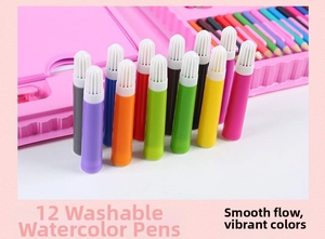 Detail of 12 washable watercolor pens in a pink art kit for children drawing