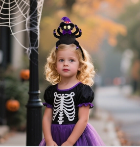 Young girl wearing a Halloween spider headband with purple hat and bow detail