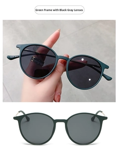 Detail of retro round green frames with dark grey lenses and model number on the temple