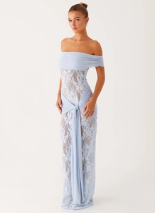 Detail of light blue lace off-shoulder dress with elegant pleats and waist tie knot