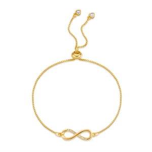 Detail of adjustable gold infinity bracelet with micro-pave zircons and heart charms