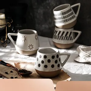 Ceramic Mug Nordic Retro Stoneware Coffee Cup With Triangular Handle Hand Painted Geometric Patterns Two Tone Design