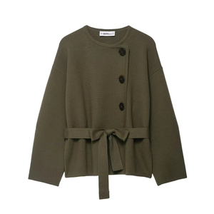 Women Knit Cardigan Round Neck Solid Color Polyester Sweater Jacket With Sash Belt Button Long Sleeve