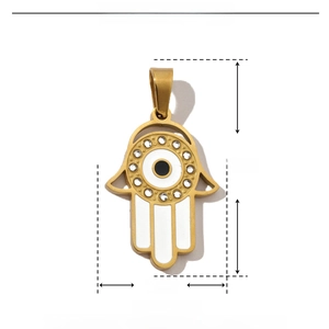 Detailed dimensions of gold Hamsa hand pendant with white enamel and rhinestones