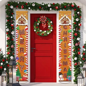 Gingerbread themed Christmas banners set for front door decor in brown and red colors