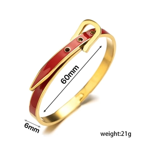 Golden metal belt buckle bracelet with red enamel and crystals, 60mm inner diameter