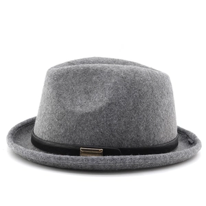 Classic dark grey wool felt fedora hat with black leather band and gold buckle