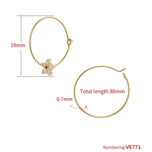 Gold-plated hoop earrings with micro-inlaid zircon flower charms and 28mm ring diameter