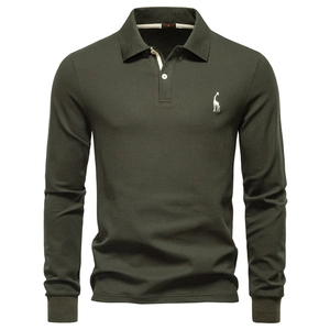 Detail of olive green polo shirt featuring a white giraffe embroidery and S size tag