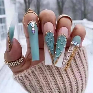 Faux Ongles Cercueil À Carreaux Vert Sel De Mer Dégradé Strass Ongles Artificiels Pour Femmes
