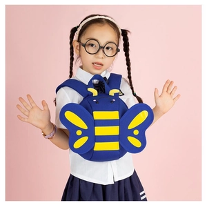Front view of a cute blue and yellow bee toddler backpack on a pink background
