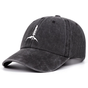 Washed vintage cotton baseball cap in charcoal grey with white embroidery pattern