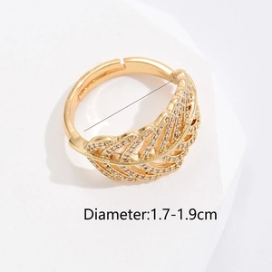 Leaf feather adjustable ring in gold plated copper with micro inlaid zircon stones
