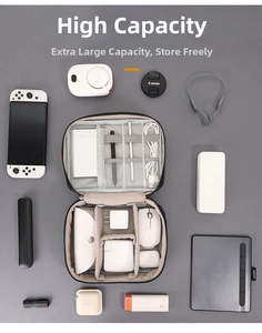 Macro shot of double-layer electronics organizer with adjustable dividers and elastic straps