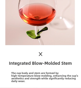 Detail of rose wine glass featuring green leaf accents and hand-blown glass stem
