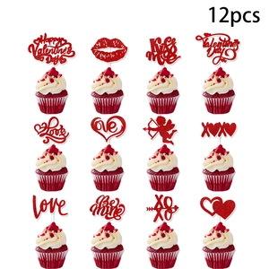 Set of 12 glittery red Valentine's Day cupcake toppers with assorted romantic designs