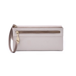 Detail of off-white lychee grain leather wallet with a golden leaf zipper and wrist strap