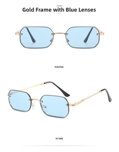 Detail of rimless rectangle sunglasses with gold metal frame and blue ocean lenses